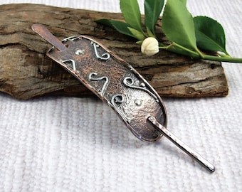 Copper Hair Barrette Slide with Silver Waves Pattern