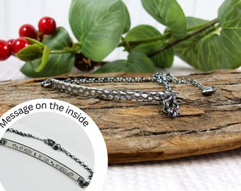 Silver Textured Bar Bracelet with Hidden Message Adjustable Fit