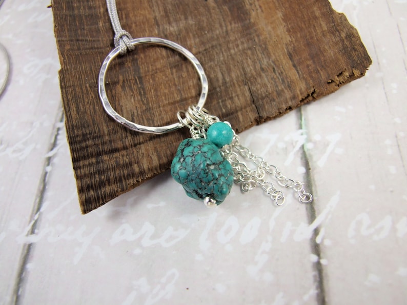 Long Silver and Turquoise Necklace Hand Forged Sterling Silver Hoop with Turquoise /& Silver Droppers Adjustable Length BoHo Tassel Necklace