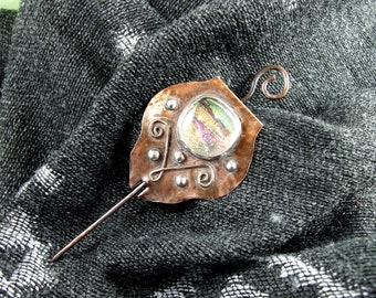 Artisan Copper Shawl Pin Brooch.  Copper and Dichroic Glass. Suitable for Open Weave or Knit Shawl, Cape, Wrap or Scarf