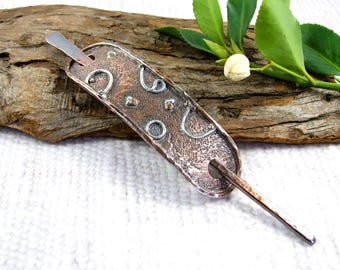 Copper Hair Barrette Slide with Silver Circles Pattern