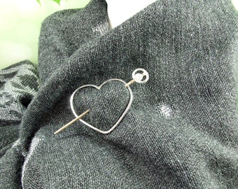 Shawl Pin. Recycled Sterling Silver Heart with Brass and Silver Decorated Pin, Suitable for Open Weave Shawl, Cape, Wrap, Cardigan or Scarf