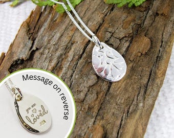 Sterling Silver Pebble Necklace. Embossed Floral Pattern with Hidden Message