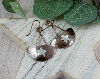 Copper Semi Circle Earrings with Silver Star and Niobium Ear Wires