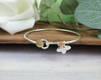 Silver Tension Bangle, Hand Forged Hammered Sterling Silver Travelling Bee Charm,  Size Small-Medium(6.25-7 inch wrist)