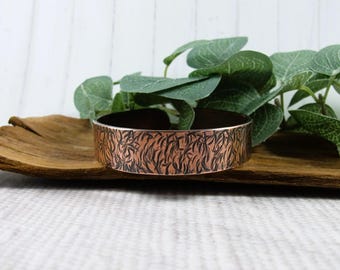 Wide Heavy Copper Bangle: Textured Antiqued Finish.  Size 20cms Circumference.