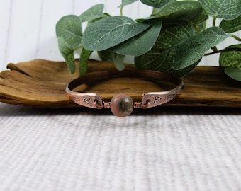 Copper Bangle with Stamped Hearts and Rhodonite Gemstone. Size 21cms