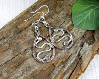 Teardrop Earrings, Copper with Sterling Silver Wave and Bead Detail