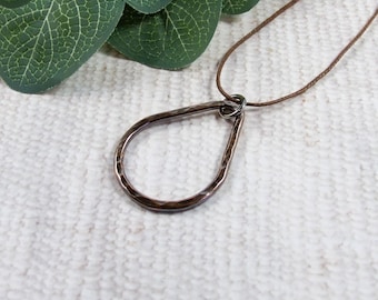 Copper Teardrop Necklace with Antiqued Finish on Cotton Cord