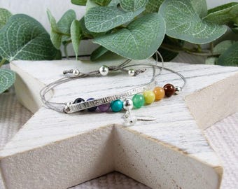 Silver Bar Bracelet with Rainbow Gemstones and Feather Charm. Adjustable Slider Clasp
