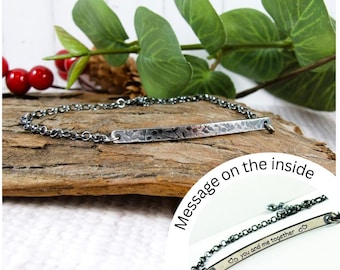 Silver Bar Bracelet with Floral Pattern and Hidden Message Adjustable Fit
