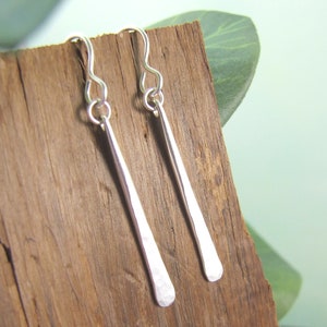 Sterling Silver Earrings, Matte Finish Hammered Droppers, .925 Recycled Sterling Silver, Solid Silver Elegant Dangle Earrings, Silver Bar