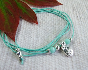 Silver Pebble Wrap Bracelet, Peacock Pattern Charm with Agate on Adjustable Mint Cord