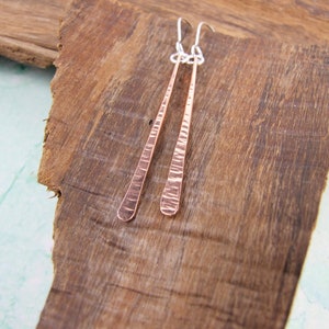 Copper Long Teardrop Earrings, Copper and .925 Sterling Silver, Hand Forged Earrings, Line Hammered Texture, Copper Dropper Dangle Earrings