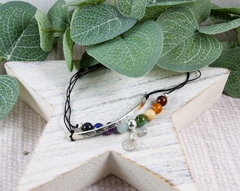 Silver Bar Bracelet with Rainbow Gemstones and Pebble Charm. Adjustable Slider Clasp