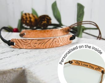 Pure Copper Bracelet. Textured Patterned Bar with Adjustable Cord can be Personalised Inside