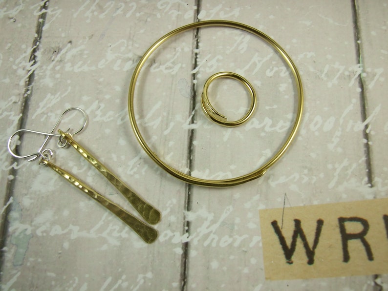 Minimalist Ring and Earring Set Ring /& Earrings Brass Hammered Bangle Hammered Brass BoHo Bangle Adjustable Bangle and Ring