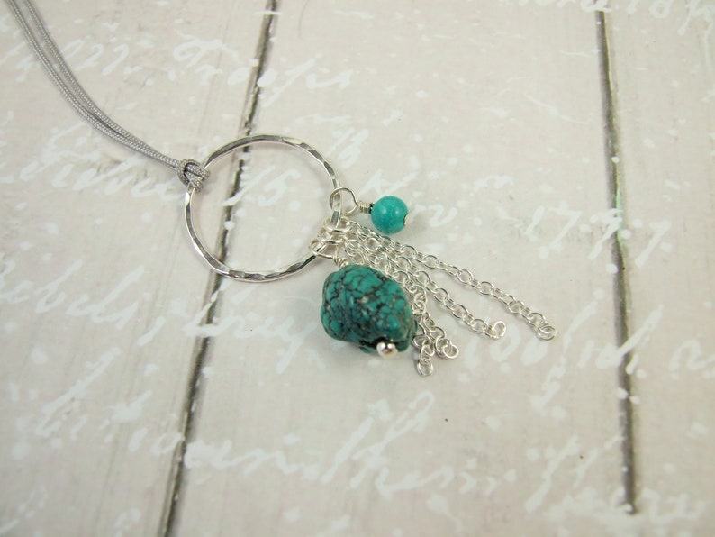 Long Silver and Turquoise Necklace Hand Forged Sterling Silver Hoop with Turquoise /& Silver Droppers Adjustable Length BoHo Tassel Necklace