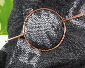 Large Shawl Pin, Hammered Copper Shawl Clasp, Ring and Pin. Hand Forged Copper 6 Inch Circumference, Extra Large Wrap and Cardigan Pin