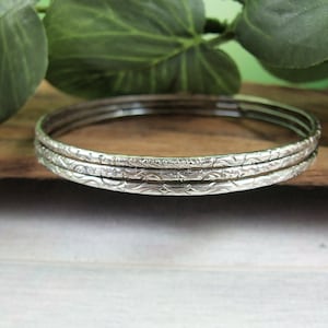 Stacking Bangles, set of three in Sterling Silver 2mm wide Textured Bangles, size Medium 8 inches