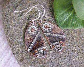 Copper Leaf Earrings, Copper with Sterling Silver Floral Decoration