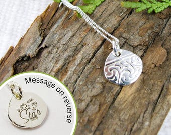Sterling Silver Pebble Necklace. Embossed Floral Leaf Pattern with Engraved Message