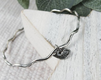 Sterling Silver Wave Bangle with Fish Charm Bracelet Size Small 19cms