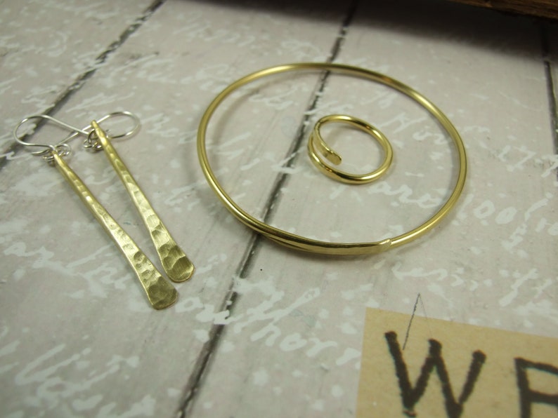 Minimalist Ring and Earring Set Ring /& Earrings Brass Hammered Bangle Hammered Brass BoHo Bangle Adjustable Bangle and Ring