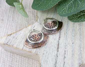Copper Fan Earrings with .925 Sterling Silver. Hand Forged and Patterned Droppers