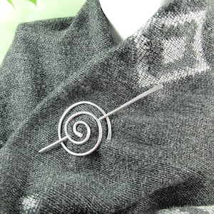 Spiral Shawl Pin. Recycled Sterling Silver Coil with Pin, Hammered Texture. Suitable for Open Weave or Knit Shawl, Wrap, Cardigan or Scarf