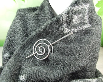 Spiral Shawl Pin. Recycled Sterling Silver Coil with Pin, Hammered Texture. Suitable for Open Weave or Knit Shawl, Wrap, Cardigan or Scarf