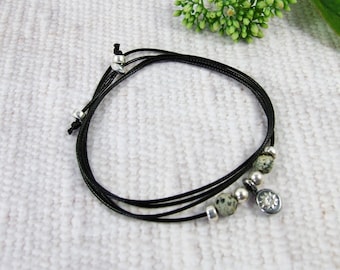 Silver Pebble Wrap Bracelet with Jasper on Adjustable Black Cord