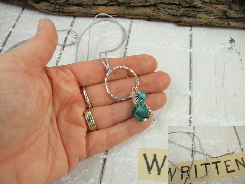 Long Silver and Turquoise Necklace Hand Forged Sterling Silver Hoop with Turquoise /& Silver Droppers Adjustable Length BoHo Tassel Necklace
