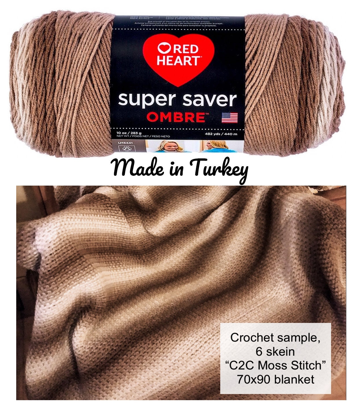 Cocoa ombre - Made in Turkey, Red Heart Super Saver Ombre Yarn, variegated,  gradient, color blend, acrylic worsted #4 weight