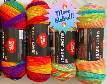 More Retro Stripe & Favorite Stripe, Dayglow, Fruity Stripe, 5 oz Red Heart Super Saver Stripes Yarn, worsted #4, fast, low ship!