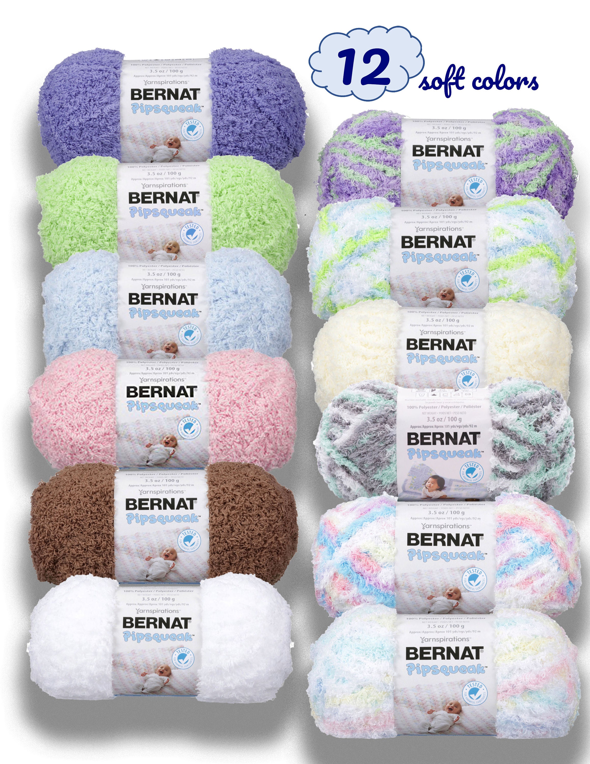 Choose from 12 colors! Bernat Pipsqueak yarn, small 3.5oz size/101 yds;  Bulky #5, baby soft polyester, low & fast ship!