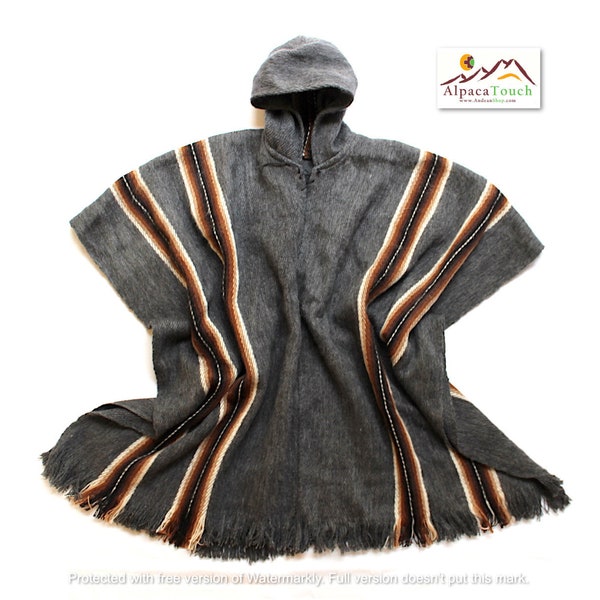 SALE 25 % RABATT* Kapuzenponcho aus Alpaka-Lamawolle für Herren, leicht und warm in natürlichen Farben mit ethnischen Anden-Designs