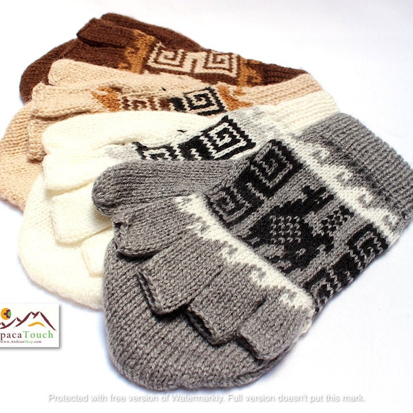 SALE 25% OFF* Alpaca wool Gloves, Convertible Mittens, Fingerless Gloves, Light and Warm in Natural Colors with Andean Designs
