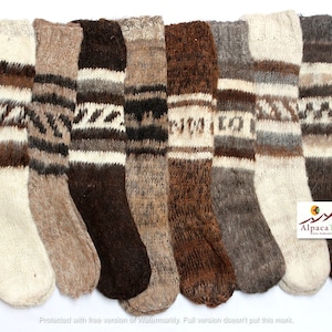SALE 25% OFF* Hand Knitted Bolivian Peruvian Alpaca Yarn Rustic Long Socks Warm in Natural Colors with Ethnic Andean Designs