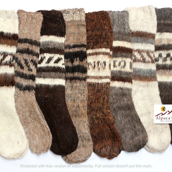 VENTA 25% DE DESCUENTO* Calcetines largos rústicos de hilo de alpaca peruano boliviano tejidos a mano cálidos en colores naturales con diseños étnicos andinos