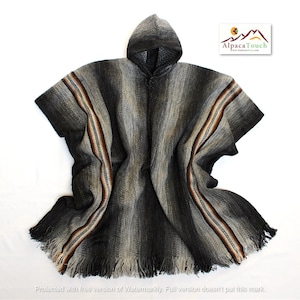 SALE 25% OFF* Men&#39;s Alpaca Llama Wool Hooded Poncho Light and Warm in Natural Colors with Ethnic Andean Designs