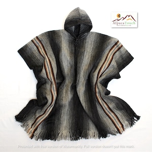 SALE 25% OFF* Men's Alpaca Llama Wool Hooded Poncho Light and Warm in Natural Colors with Ethnic Andean Designs