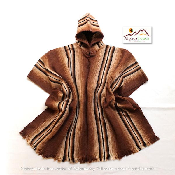 Poncho à capuche homme en laine d'alpaga et lama léger et chaud dans des couleurs naturelles avec des motifs ethniques andins