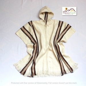 SALE 25% OFF* Men&#39;s Alpaca Llama Wool Hooded Poncho Light and Warm in Natural Colors with Ethnic Andean Designs