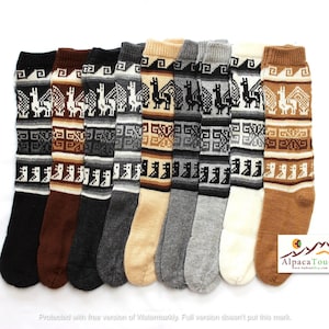 SALE 25% KORTING* Boliviaanse Peruaanse alpacagaren lange sokken licht en warm in natuurlijke kleuren met etnisch Andesontwerp