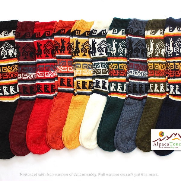 SALE 25% OFF* Bolivian Peruvian Alpaca Yarn Long Socks Light and Warm in Dyed Colors with Ethnic Andean Designs