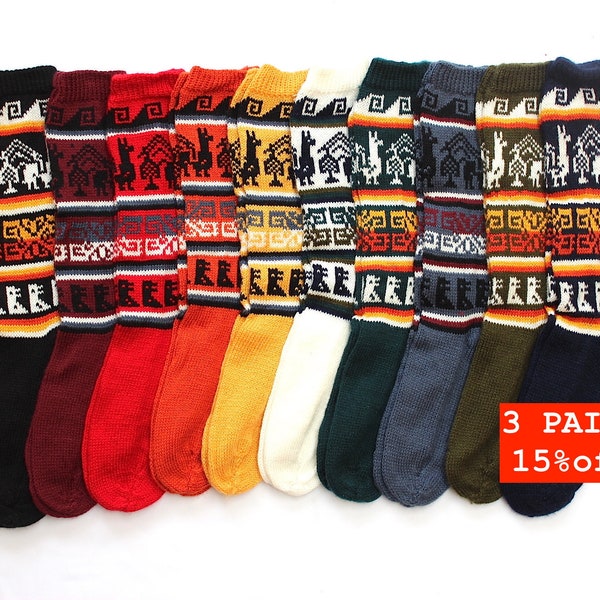 3 PAIRS SALE 25% OFF* Bolivian Peruvian Alpaca Yarn Long Socks Light and Warm in Dyed Colors with Ethnic Andean Designs