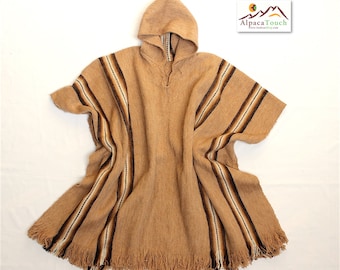 May include: A brown alpaca wool poncho with a hood and fringe. The poncho has brown, white, and black stripes.
