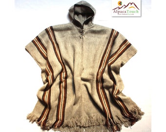 May include: A hooded alpaca wool poncho with brown and white stripes. The poncho has a fringe border and is made in Peru.