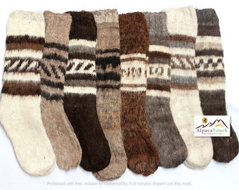 Apr. SALE 25% OFF* Hand Knitted Bolivian Peruvian Alpaca Yarn Rustic Long Socks Warm in Natural Colors with Ethnic Andean Designs